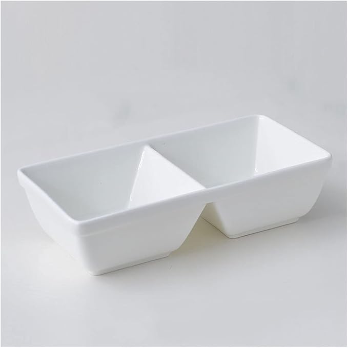 Ceramic cutlery salad bowl White Poecelain Soy Sauce Dish 2 Compartment Appetizer Plate Tray Divided Dipping Sauce Dishes for Sushi Ketchup Appetizer Serving (9.84inch） small bowl