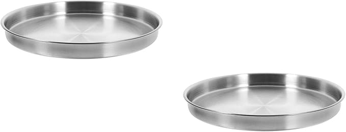 LOGOFUN 2pcs Korean Style Stainless Steel Round Serving Tray Matte Flat Bottom Plate for Steaming Food Commercial BBQ Party 26cm Silver