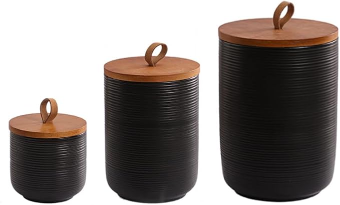 Simcat Ceramic Canister Set Kitchen Airtight Food Storage Jar with Bamboo Lids Coffee Sugar Tea Storage Containers (Black three-piece with belt1)