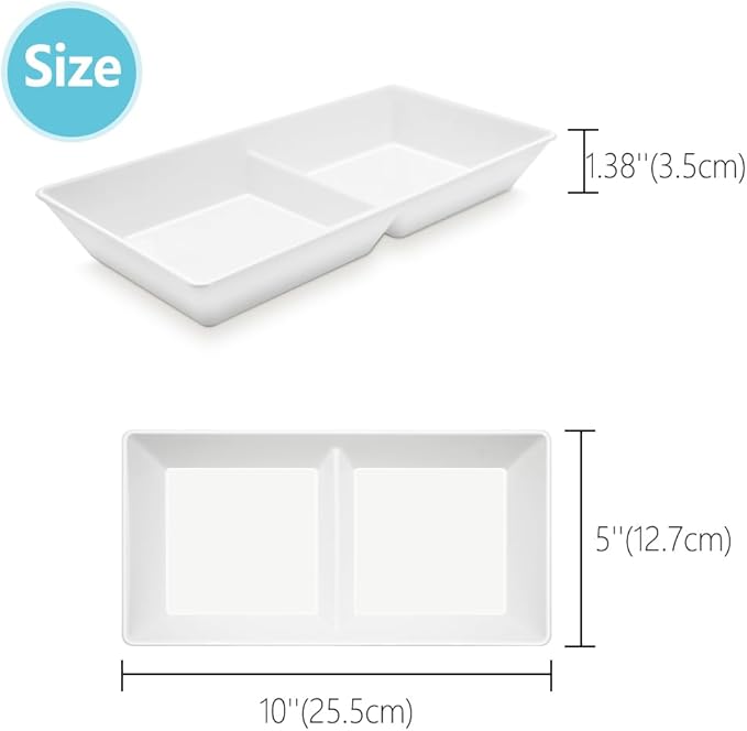 Divided Serving Tray Platter, 4 Pack 10" x 5" Fruit Veggie Food Tray for Party, Plastic Serving Trays for Appetizer, Snack, Dessert, Cookie, Brunch Decorations Platters, White Trays BPA-Free