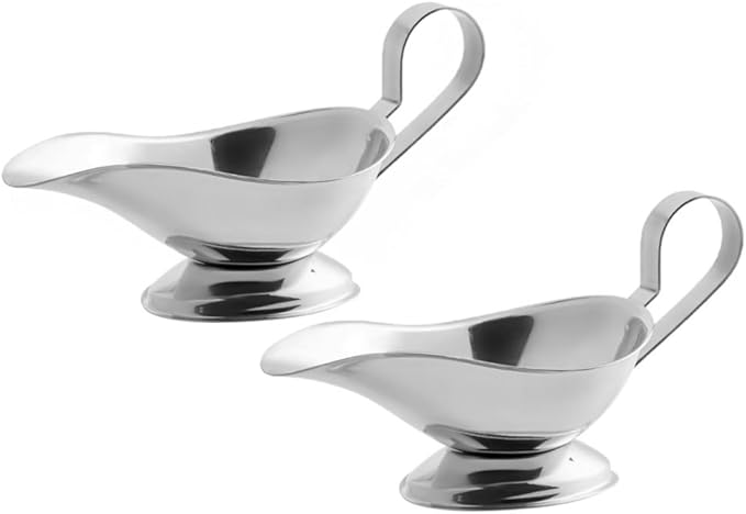 Soro Essentials- 3 oz. Stainless Steel Gravy Sauce Boat Gadroon Base with Loop Handle Set of 2- Restaurant Gravy Boat Dripless Lip Spout Serving Dish Gravy Bowl for Sauces Gravy Salad Dressings Milk