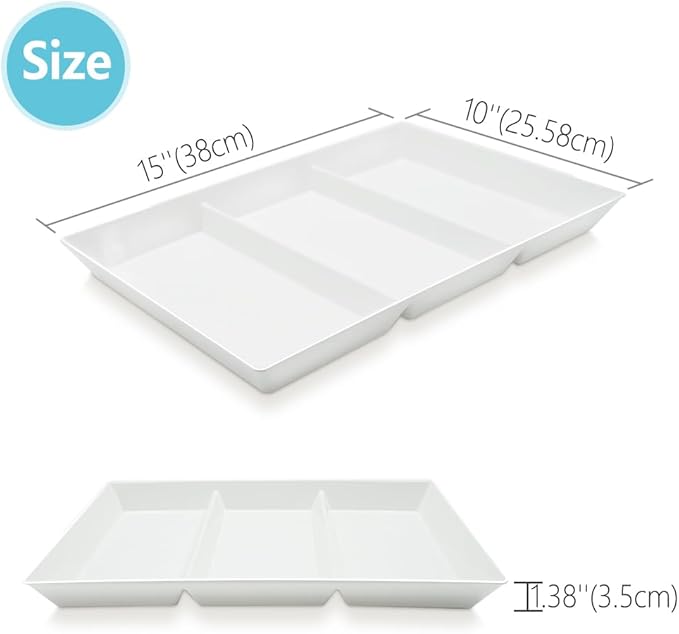 Divided Serving Tray Platter, 3 Pack 15" x 10" Fruit Veggie Food Tray for Party, Plastic Serving Trays for Appetizer, Snack, Dessert, Cookie, Brunch Decorations Platters, White Trays BPA-Free