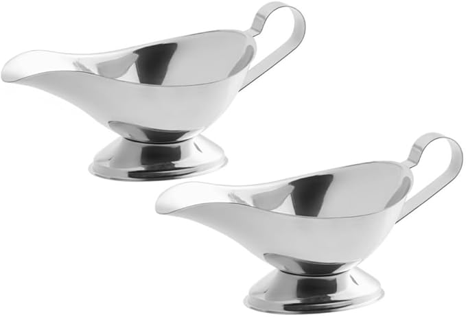Soro Essentials- 16 oz. Stainless Steel Gravy Sauce Boat Gadroon Base with Loop Handle Set of 2- Restaurant Gravy Boat Dripless Lip Spout Serving Dish Gravy Bowl for Sauces Gravy Salad Dressings Milk