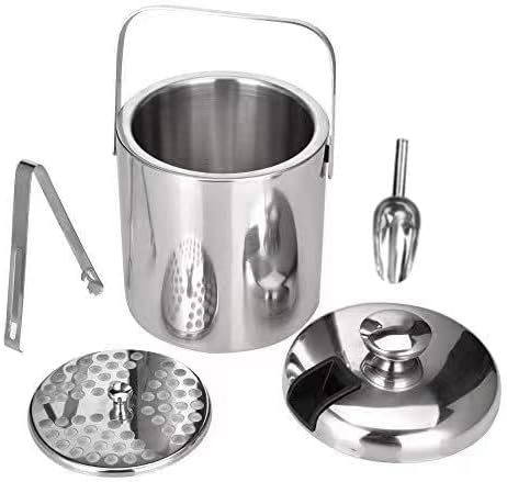 Stainless Steel Ice Cube Container Double Walled 1.3L Ice Bucket Container with Tongs Lid and One Small Metal Ice Scoop