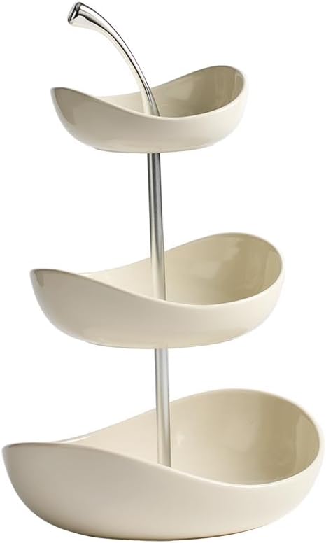Ceramic Tiered Fruit Bowl, Cute Decorative Snack Plate for Coffee Table, Layer Dessert Tray for Kitchen Counter, Christmas Serving Fruit Display (White-Triple layer)
