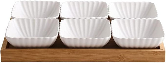 Appetizer Bowls 6 Compartment Divided Ceramic Sauce Dish Dipping Bowls Fruit Dessert Small Dish Appetizer Plates for Soy Sauce Vinegar Sushi Kethup BBQ Sauces(with Tray) Salad Bowls (Color : White)