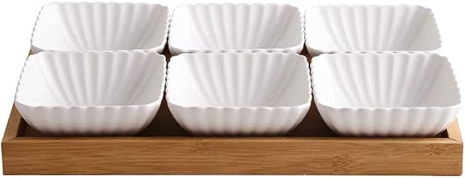 Dipping Sauce Dish Dipping Bowl Appetizer Plates 6 Compartment Divided Ceramic Sauce Dish Dipping Bowls Fruit Dessert Small Dish Appetizer Plates for Soy Sauce Vinegar Sushi Kethup BBQ Sauces(with Tra
