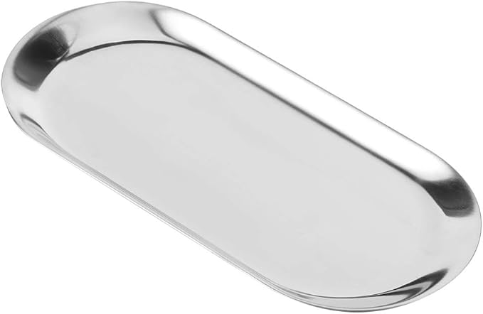7in Stainless Steel Decorative Tray, Set of 5 Makeup Jewelry Dish Cosmetics Organizer MakeupBathroom Clutter Serving Platter Storage Tray, Oval (Silver)