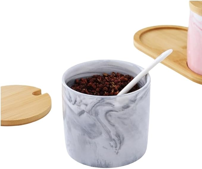 Marble Ceramic Sugar Bowl,300ml Porcelain Salt Bowl Condiment Jar Spice Container with Baboo Lids Spoon,Spice Jar Seasoning Condiment Pot Honey Jar for Home Kitchen (Grey)