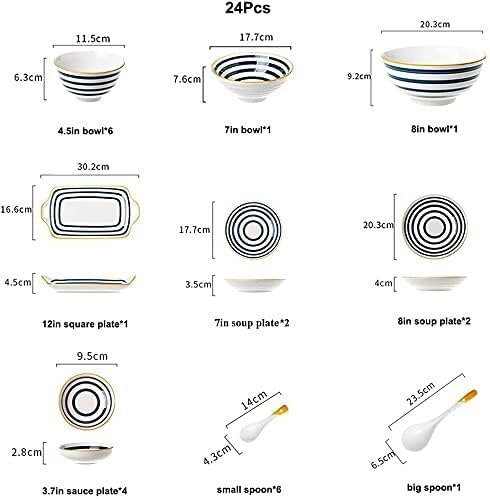 ☆Ceramic Dinnerware Sets, Plates Set, Dishes Set, Japanese Premium Hand Pained Fine Porcelain of 24 PCS-Bowls and Plates Set with Ring Pattern, Service for 6,White, size