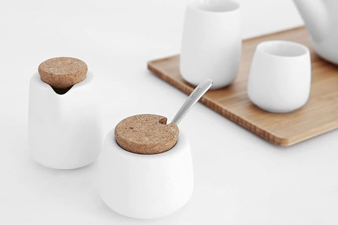 Viva Nicola White Sugar and Creamer Set – Porcelain Coffee Creamer & Sugar Bowl with Cork Lid and Spoon, 7oz / 200ml Milk & Sugar Set for Coffee Stations and Tea Serving