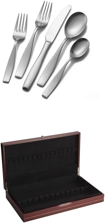 Mikasa 5081298 Satin Loft 65-Piece 18/10 Stainless Steel Flatware Set with Serving Utensil Set, Service for 12 and 19 inch Flatware Storage Chest