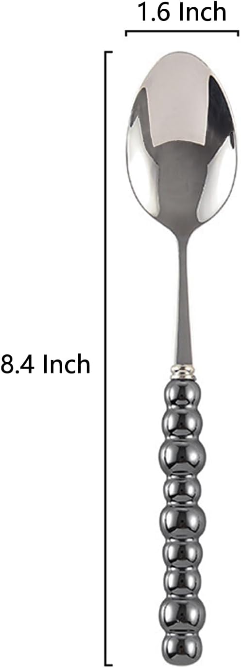 Stainless Steel Spoons, Stainless Steel Ceramic Handle Spoon, Korean Dessert Spoon with Imitation Pearl Handle, 8.4 Inches, 4 Pieces,Black.