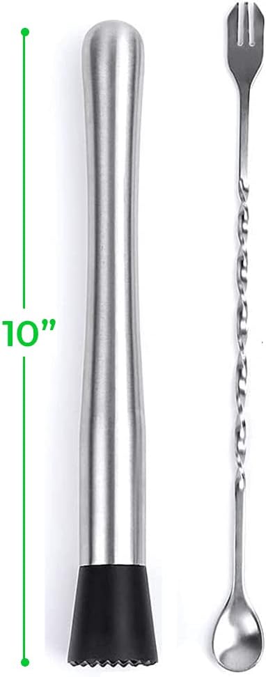 NATURELAND Food-Grad 304 Stainless Steel Cocktail Muddler and Mixing Spoon Home Bar Tool Set - Dishwasher Safe - Create Delicious Mojitos and Other Fruit Based Drinks (10" Muddler+Spoon)