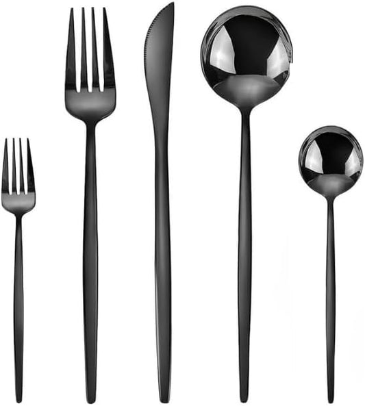 Lincoln Silverware Set, 30 Piece Black Flatware Set Cutlery Premium Polished Stainless Steel, Service for 6, for Kitchen, Home, Wedding, Party, Mirror Polished Dishwasher Safe
