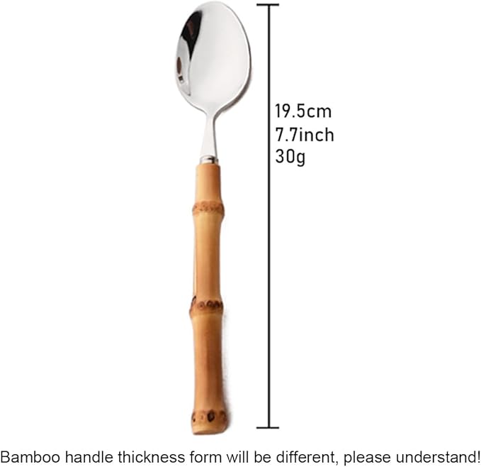 6-Piece Bamboo Silverware Set, Stainless Steel Flatware Hostess Serving Set Bamboo Utensils Tableware Set for Home Camping Travel Hotel - 6pcs Dinner Spoon