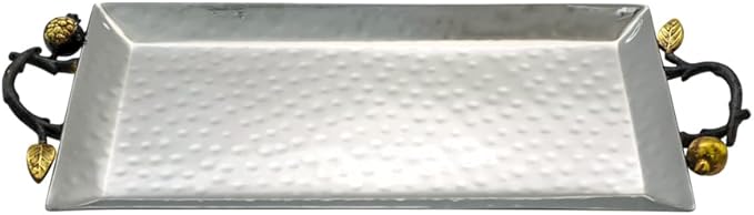 Yair Emanuel Decorative Serving Tray - Hammered Stainless Steel with Gold Accent Decoration (Small - 4.7" X 9.5")