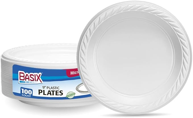 Basix 9 inch Plastic Plates Microwave Safe 100 Count, White