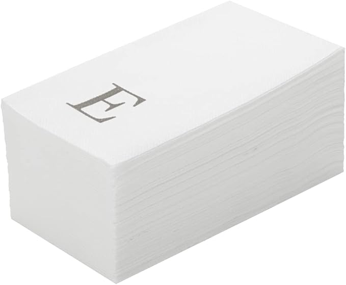 Luxenap 15.8 X 7.9 Inch Linen-Feel Guest Towels, 50 Lettered Hand Towels - Silver Letter 'E', Sans Serif Font, White Paper Dinner Napkins, airlaid, For Restrooms And Tables - Restaurantware