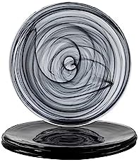 Vikko Lunch Plates, Set of 4 Black Alabaster Plates, 8.5" Plate with Marbelized, Swirl Design, Elegant Glass Entrée Plate, Dishwasher Safe