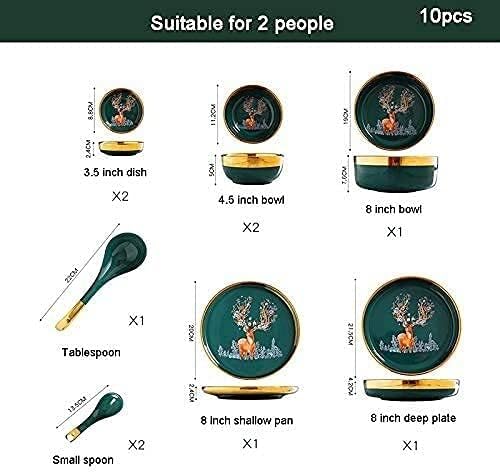 Dining Plate Set 33 Pcs Dinnerware Sets European Style Porcelain Tableware Set with Plates and Bowls Green Auspicious Deer Ceramic Dinner Set (Green 10pcs)