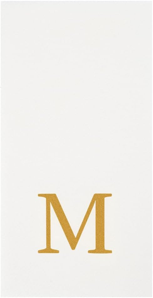 Restaurantware Napkins Pack of 300 Gold Letter M Linen-Feel Paper Disposable Guest Towels 15.75 x 7.87 Inches, Elegant Airlaid White Napkins For Birthdays, Weddings and Catering Events