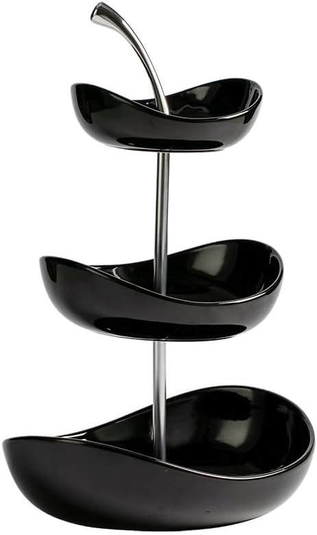 Ceramic Tiered Fruit Bowl, Cute Decorative Snack Plate for Coffee Table, Layer Dessert Tray for Kitchen Counter, Christmas Serving Fruit Display (Black-Triple layer)