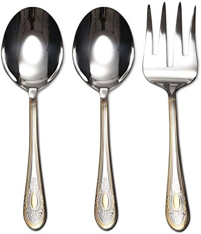 Venezia Collection "Medallion" 75-Piece Fine Flatware Set, Silverware Cutlery Dining Service for 12, Premium 18/10 Surgical Stainless Steel, 24K Gold-Plated Hostess Serving Set, Wooden Storage Case
