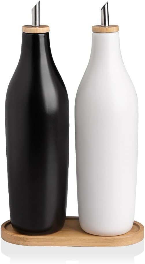 Sweejar Matte Ceramic Olive Oil Dispenser Bottles with Bamboo Tray,17 Oz Oil Dispenser Set for Kitchen Counter, Opaque Oil Cruet for Cooking, EVOO,Vinegar,Avocado Oil,Pack of 2 (Black White & Tary)