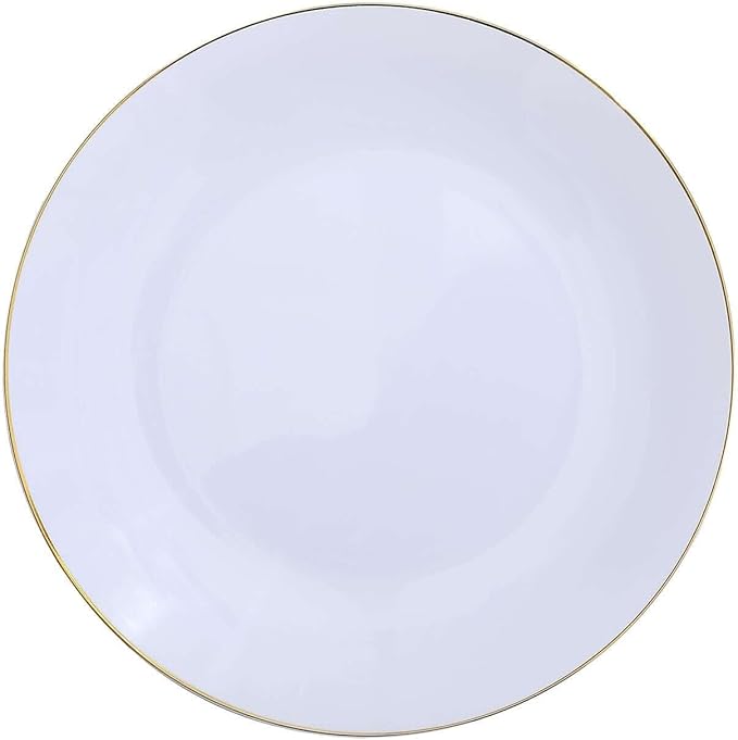 Efavormart 10 Pack | 10" Glossy White Round Plastic Dinner Plates With Gold Rim, Disposable Party Plates