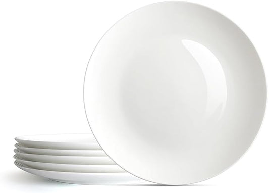 YFWOOD Ceramic Dinner Plates Set Of 6, 10.5 Inch Kitchen Dinnerware Sets, Contemporary Round Porcelain Tablewar, Microwave, Dishwasher and Oven Safe, Scratch Resistant Deep Plates - White