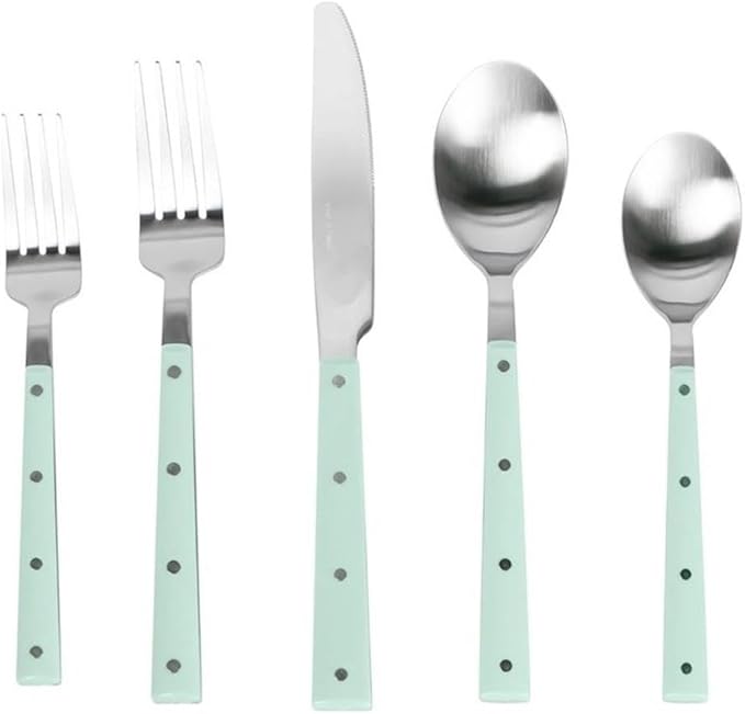 Pemberly Row Flatware Set, 20-Piece, Mint and Brushed Stainless Steel, Includes 4 Place Settings, Dishwasher-Safe, Elegant Design for Dining Table