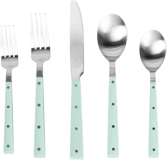 Pemberly Row Flatware Set, 20-Piece, Mint and Brushed Stainless Steel, Includes 4 Place Settings, Dishwasher-Safe, Elegant Design for Dining Table