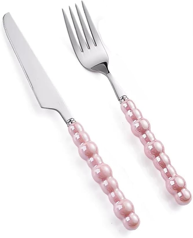 2Pcs Pearl Flatware Set, Creative Stainless Steel Flatware Pearl Ceramic Handle Silverware Tableware for Kitchen Hotel Home Steak Knife Dessert Spoon Dishwasher