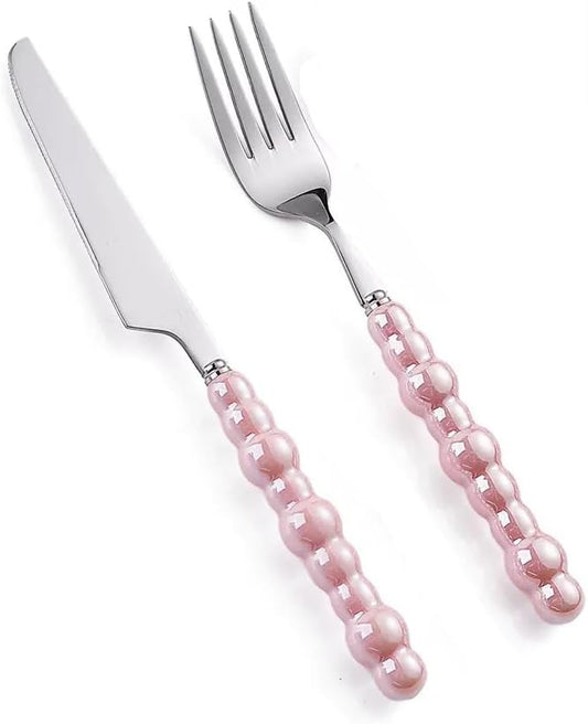2Pcs Pearl Flatware Set, Creative Stainless Steel Flatware Pearl Ceramic Handle Silverware Tableware for Kitchen Hotel Home Steak Knife Dessert Spoon Dishwasher