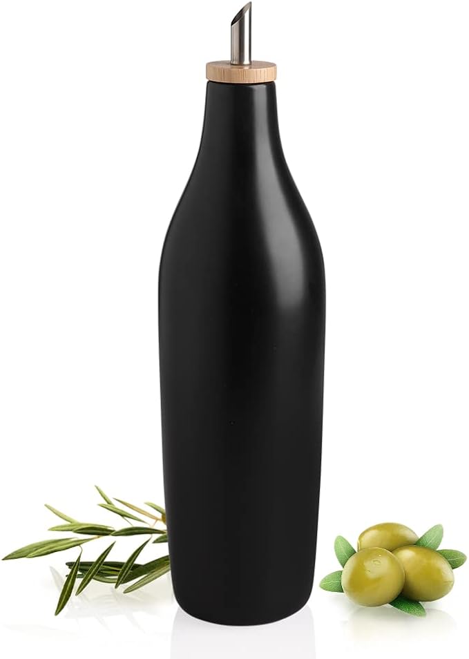 Sweejar Matte Ceramic Olive Oil Dispenser Bottle with Spout, 17 Oz Oil Dispenser for Kitchen Counter, Opaque Oil Cruet for EVOO, Vinegar, Avocado Oil Container for Cooking, Pack of 1 (Black)