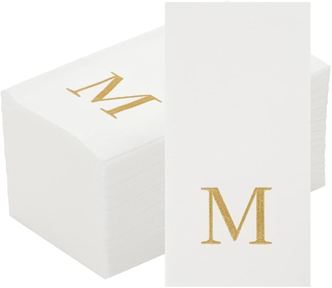Restaurantware Napkins Pack of 300 Gold Letter M Linen-Feel Paper Disposable Guest Towels 15.75 x 7.87 Inches, Elegant Airlaid White Napkins For Birthdays, Weddings and Catering Events