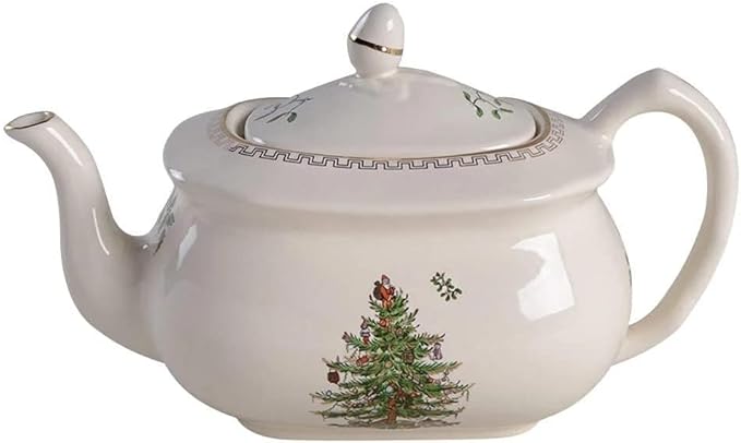 Spode Christmas Tree Gold Teapot - Elegant 36 Oz Porcelain Tea Pot with Infuser, Festive 22K Gold Accents, Christmas Tree Design - Dishwasher Safe Teapot for Holiday Tea Parties and Gifts