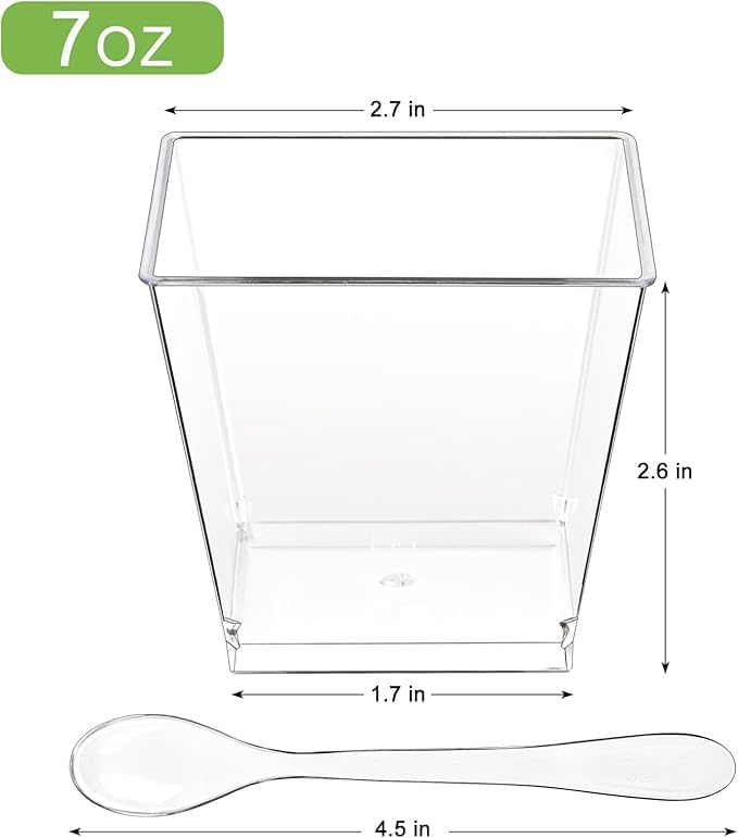 Zezzxu 7 oz Square Mini Dessert Cups with Spoons - 50 Pack Plastic Pudding & Parfait Cups Party Dessert Shooters for Serving Trifle Mousse Cake Appetizer Fruit