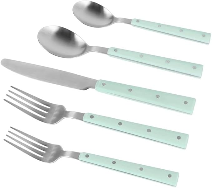 Pemberly Row Flatware Set, 20-Piece, Mint and Brushed Stainless Steel, Includes 4 Place Settings, Dishwasher-Safe, Elegant Design for Dining Table