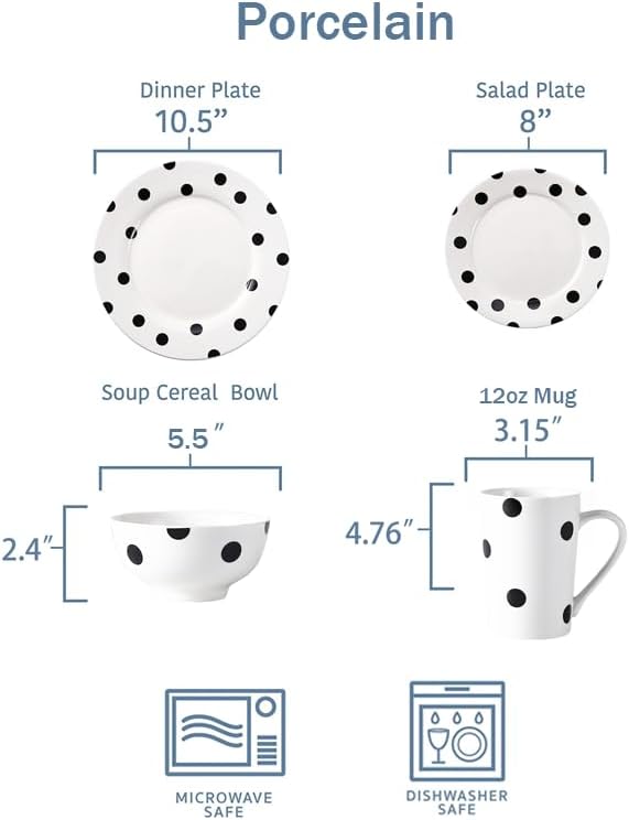 Modern Porcelain 16-Piece Dinnerware Set, Plates and Bowls Set for 4, Black Polka Dot Dinnerware,Dishwasher & Microwave Safe Ceramic Dish Set for Home Dining, Gifts