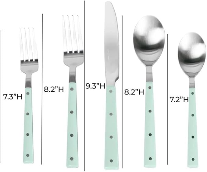 Pemberly Row Flatware Set, 20-Piece, Mint and Brushed Stainless Steel, Includes 4 Place Settings, Dishwasher-Safe, Elegant Design for Dining Table