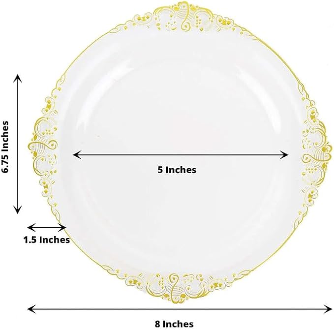 10" Dinner Plates -Set of 10 - Plastic Clear Gold Round Baroque Disposable Plate Leaf Embossed Rim, Ideal for Decoration Party Wedding Bulk Events