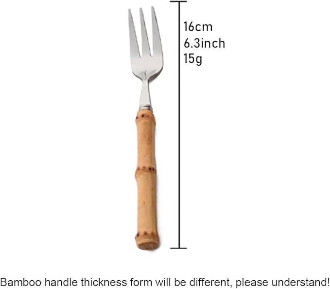 6-Piece Bamboo Silverware Set, Stainless Steel Flatware Hostess Serving Set Bamboo Utensils Tableware Set for Home Camping Travel Hotel - 6pcs 3-tined Cake Fork