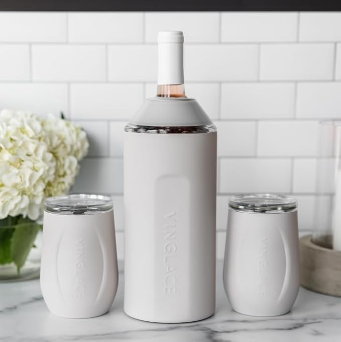 Vinglacé Wine Bottle Chiller Gift Set- Portable Stainless Steel Wine Cooler with 2 Stemless Wine Glasses, Stone