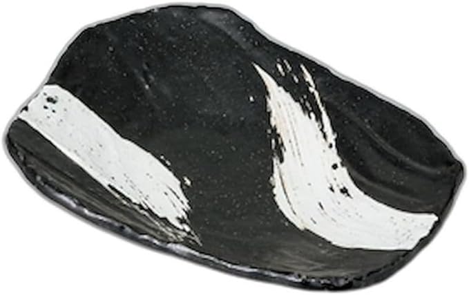 Black Charcoal White Brush Appetizer Plate, 8.3 x 6.7 x 1.4 inches (21 x 17 x 3.5 cm) | Medium Plate, Ceramic, Setomonohonpo