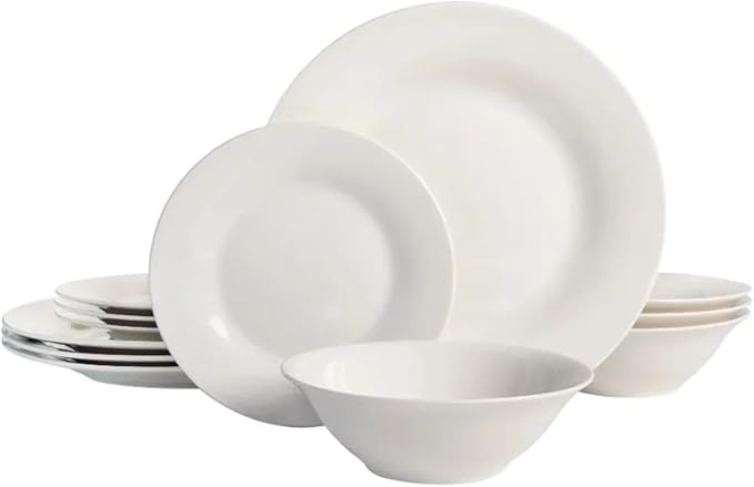 Round 12-Piece Dinnerware Set Family Hotel Tableware Ceramic Round Plates and Bowls