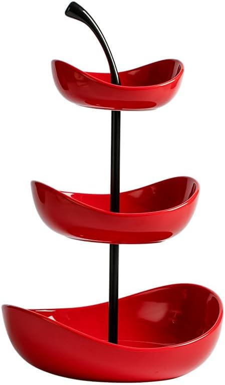 Ceramic Tiered Fruit Bowl, Cute Decorative Snack Plate for Coffee Table, Layer Dessert Tray for Kitchen Counter, Christmas Serving Fruit Display (Red-Triple layer)