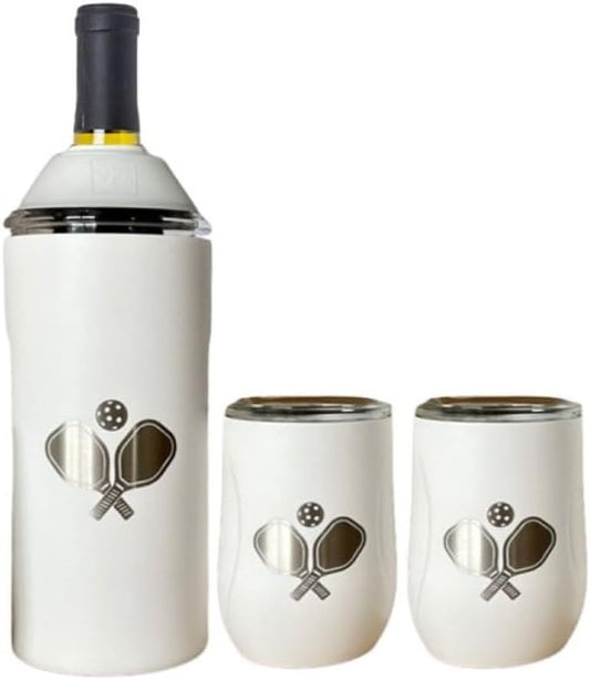 Vinglacé Wine Bottle Chiller Limited Edition Pickleball Gift Set- Portable Stainless Steel Wine Cooler with 2 Stemless Wine Glasses, Pickleball White