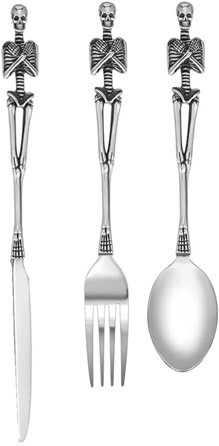 Skeleton Skull Silverware Set, LOYEH Stainless Steel Spoon Fork and Knife Flatware Tableware Design Modern Look Great Gifts For Halloween Easter and Christmas (SKULL - 3 IN ONE)
